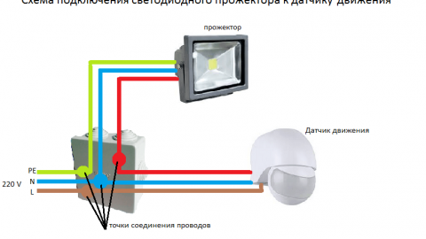 Schéma připojení reflektoru k senzoru a foto relé