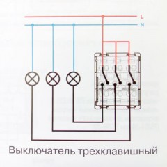 Trijų klavišų šviesos jungiklio laidų schema