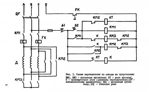 Spínací obvod vinutí pri naštartovaní motora: KM-2 zhromažďuje „trojuholník“ a KM-3 - „hviezdu“